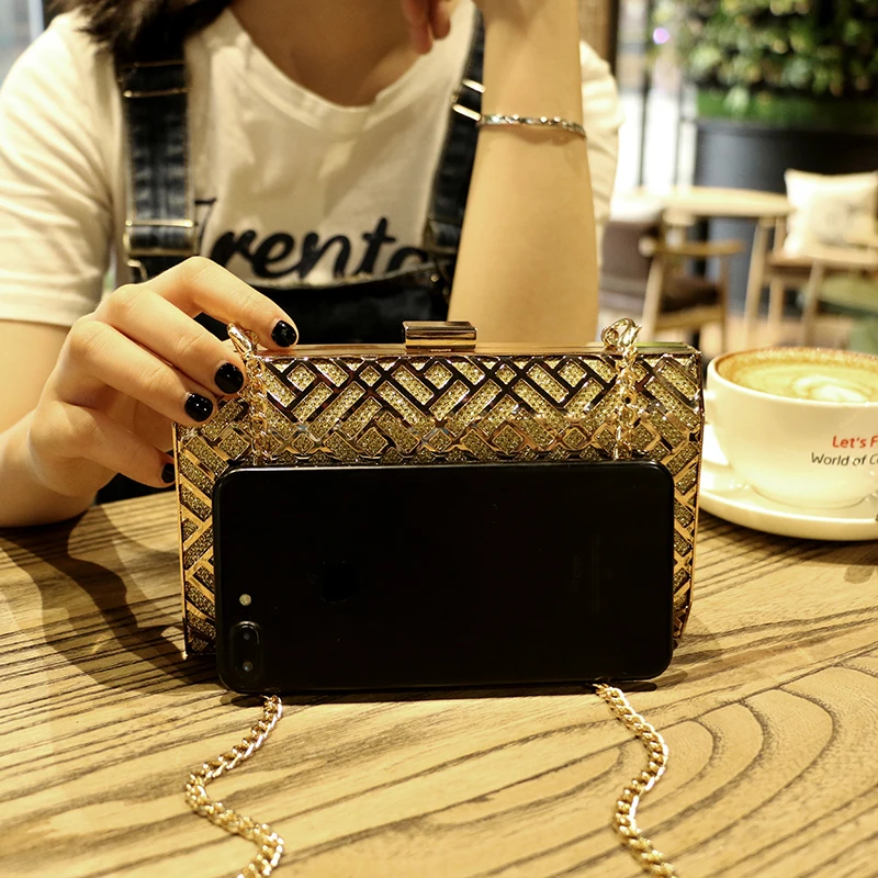 Gold Acrylic Box ladies Geometric Evening Bag Clutch bags Elegent Chain Women Handbag Shoulder Bag For Wedding/Dating/Party