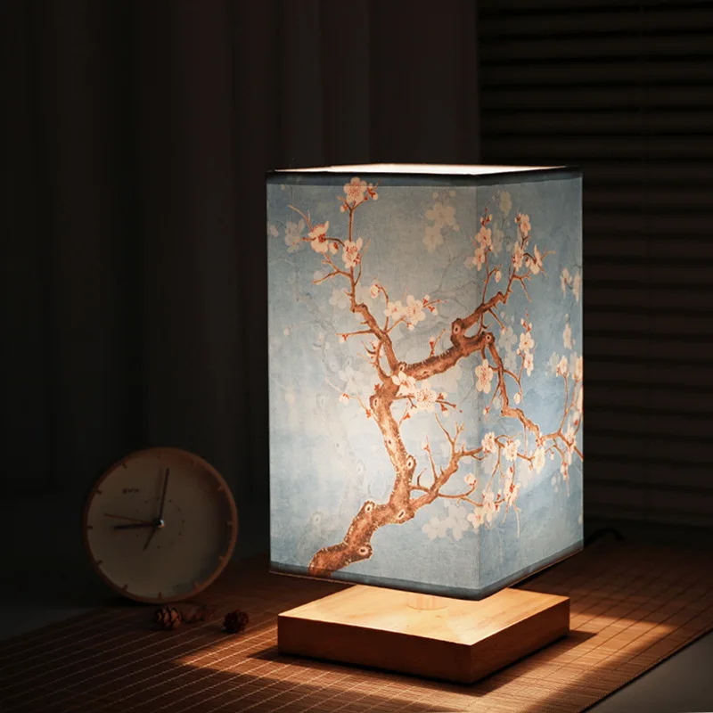 LED Square Decoration Table Lamps Simple Chinese Style Dimmable EU Plug Night Light Fabric Lampshade Bedroom Bedside Lights