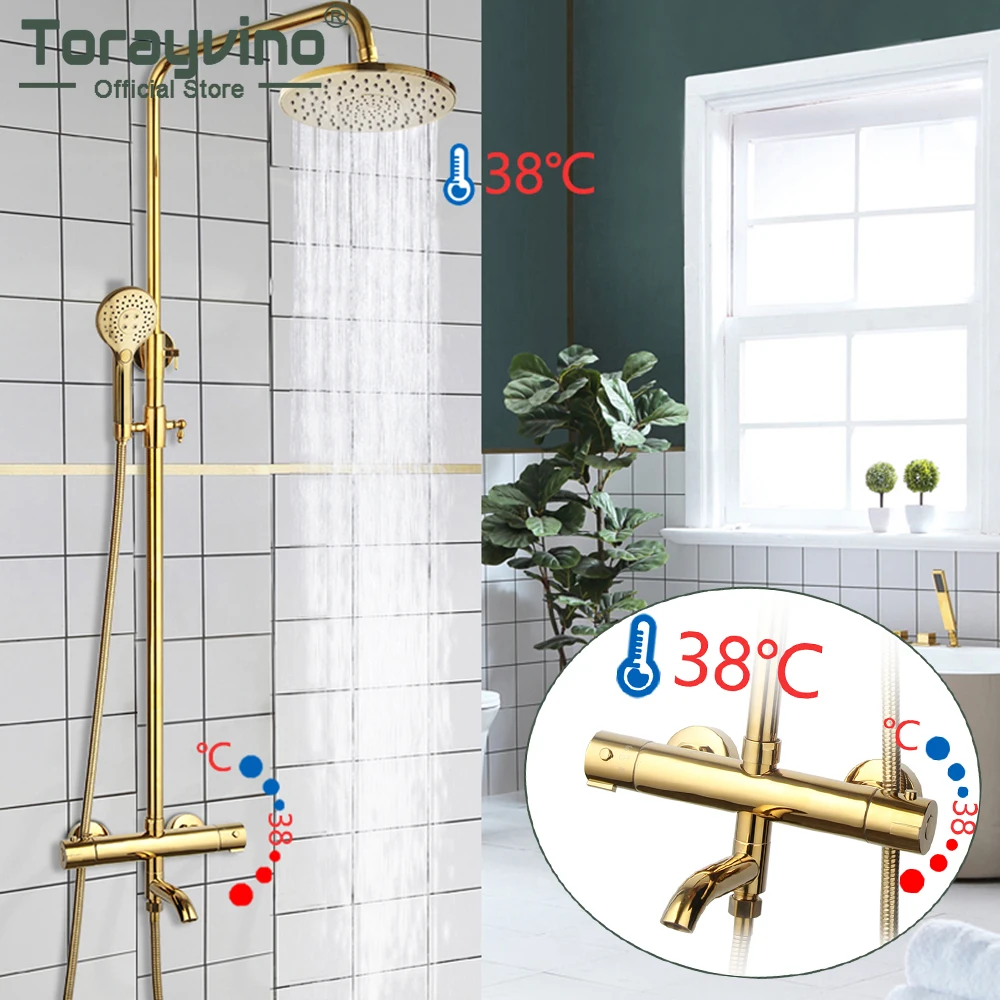 

Torayvino Thermostatic Bathroom Shower Faucet Set Wall Mounted Hot And Cold Mixer Water Taps Bathtub Rainfall Shower Combo Kit