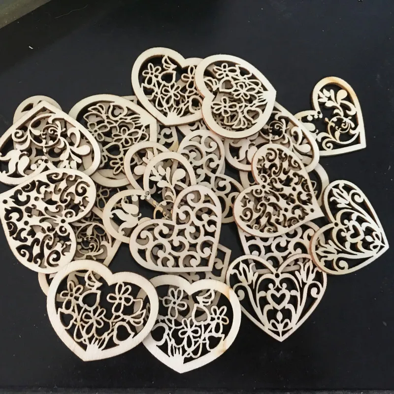 10pcs Hollowed Heart Pattern Small Natural Wooden Slice Scrapbooking Embellishments DIY Craft Decor Heart Shape Love Wood Chip