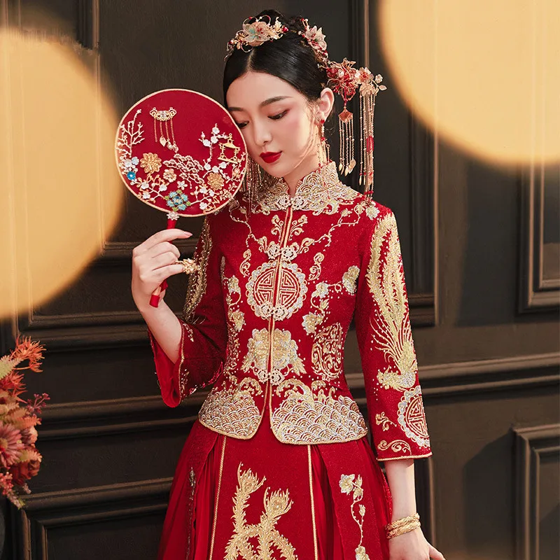 

Suzhou Embroidery Cheongsam Oriental Bride Wedding Dress Chinese Style Marriage Set Exquisite Bride Costume Toast Clothing S-3XL