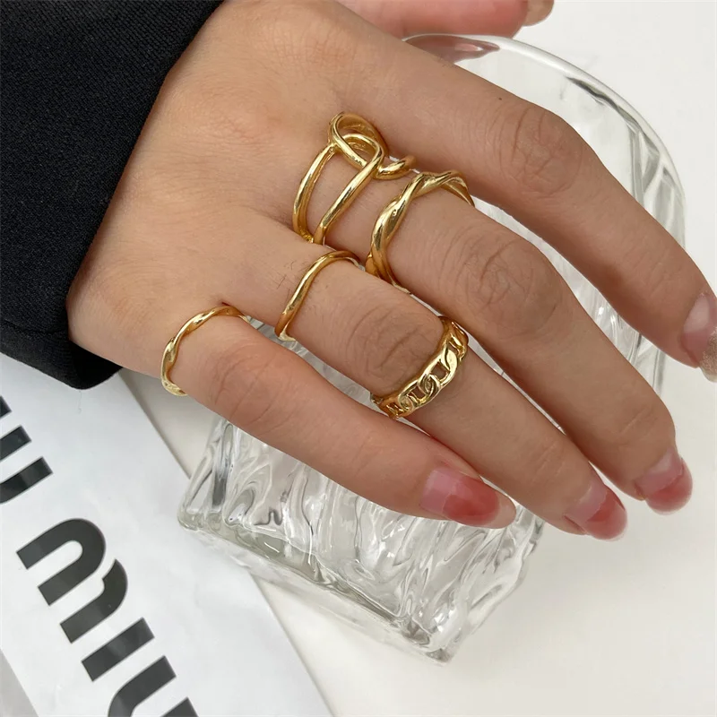 Metal Bead Punk Ring Set Sliver Gold Color Hip Pop For Women Vintage Spiral Multilayer ringChunky Knuckle Joint Jewelry Gift view 4