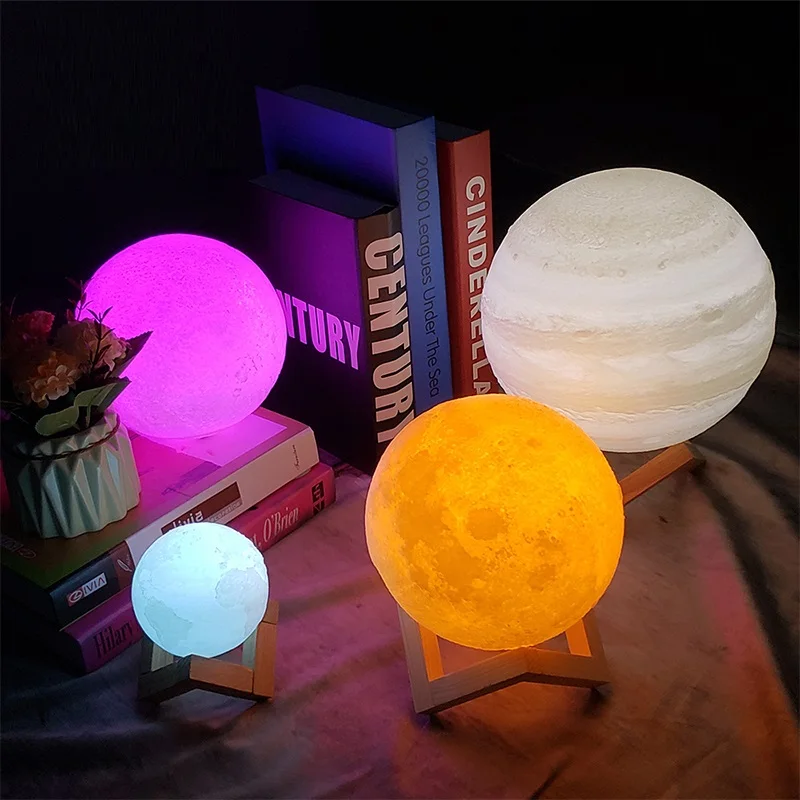 3D Print LED Lamp Moon Earth Jupiter Home Bedroom Decor Creative Mood Night Light USB Recharge Touch Pat Control Colorful