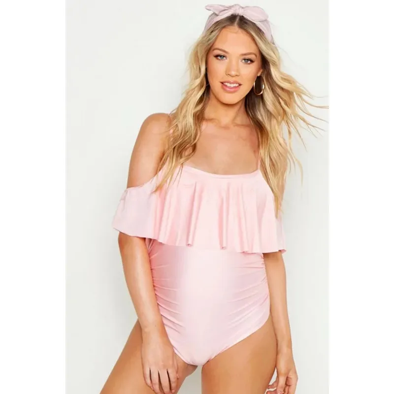 Plus Size Maternity Bathing Suit Shoulder Swimsuit with Ruffle One Piece Tube Premama Swimming Wear Solid Pregnant Lady Swimwear