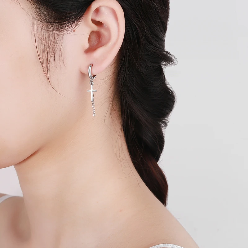 Women\'s Fashion Simple Style Drop Earrings Small Huggies With Cross Pendant Thin Tassel Dangle Earring Piercing Accessories Gift