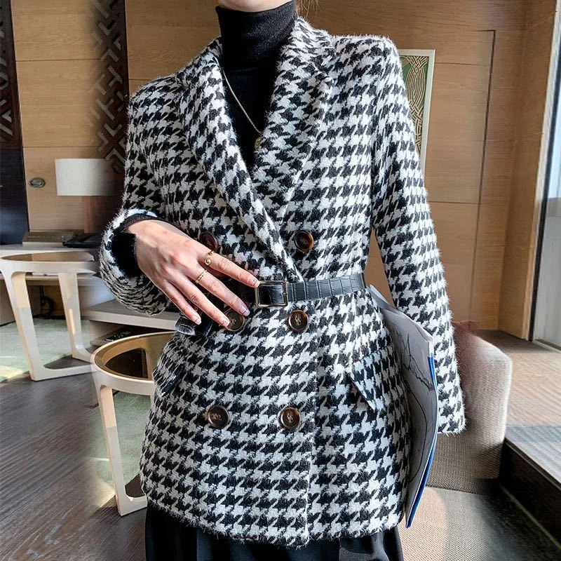 Temperament small suit houndstooth woolen coat thickened new autumn and winter jacket with waist bag