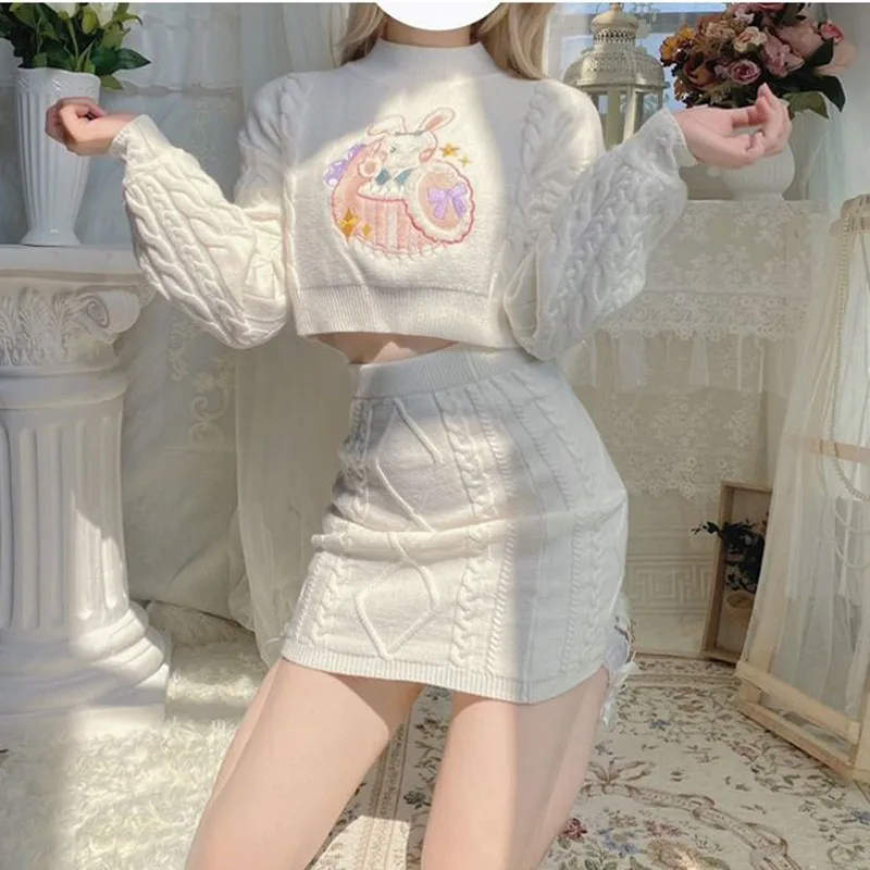 Women Sets Knitted O-Neck Full Sleeve Casual Crop Tops Kawaii Embroidery Sweaters Mini  Twist Skirts Female Harajuku Ins