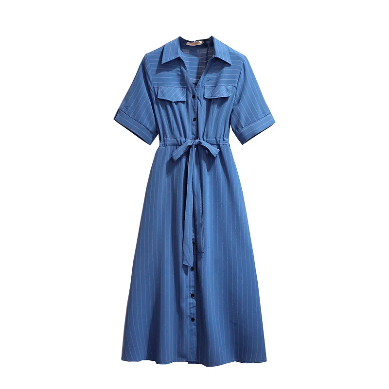 New 2023 summer plus size shirt dress for women large short sleeve loose blue white stripe belt long dress 3XL 4XL 5XL 6XL 7XL