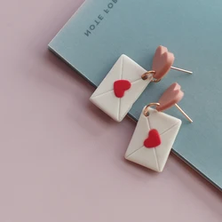 Cute Polymer Clay Heart Love Links Letter Earrings Lightweight Dangle Drop Jewelry Romantic Envelope Valentine Gift for Women