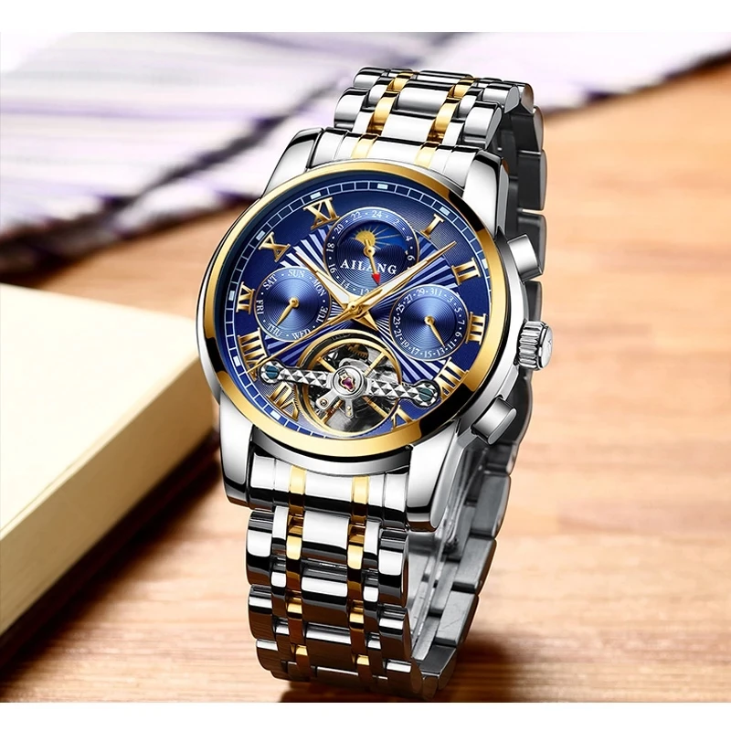 AILANG Top Brand Fashion Business Tourbillon Stainless Steel Mens Wristwatches Automatic Mechanical Waterproof Watch Men Watches