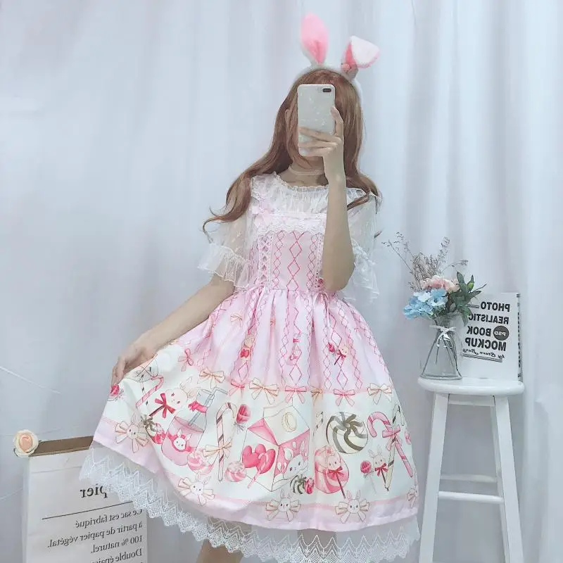 Japanese Sweet JSK Lolita Dress Women Summer Cute Soft Sister Cartoon Print Girls Kawaii Lolita Cosplay Princess Suspender Dress