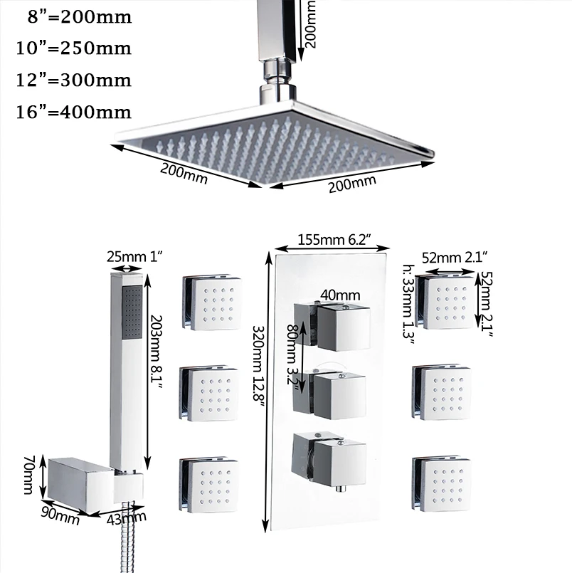 JIENI 8 10 12 16 Inch Shower Head Square Chrome Brass Message Jets Shower Set Wall Mounted Rainfall Bathroom Kit Hand Shower