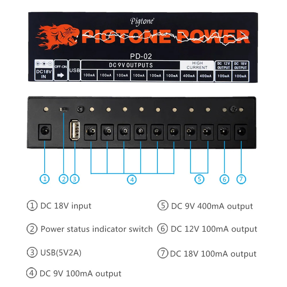 Pigtone PD-02 gitar pedalı güç kaynağı USB şarj ile 10 yollu çıkış elektrik gitar efektleri güç