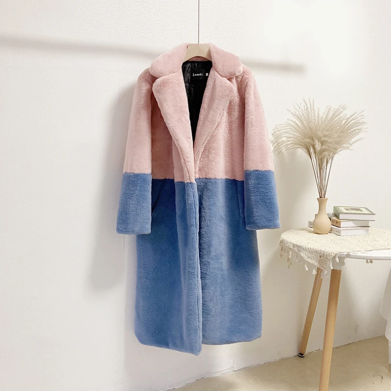 2022 New Women Winter Warm Faux Fur Coat Color Patch Thick Women Long Coat Turn Down Collar Women Warm Fur Coat