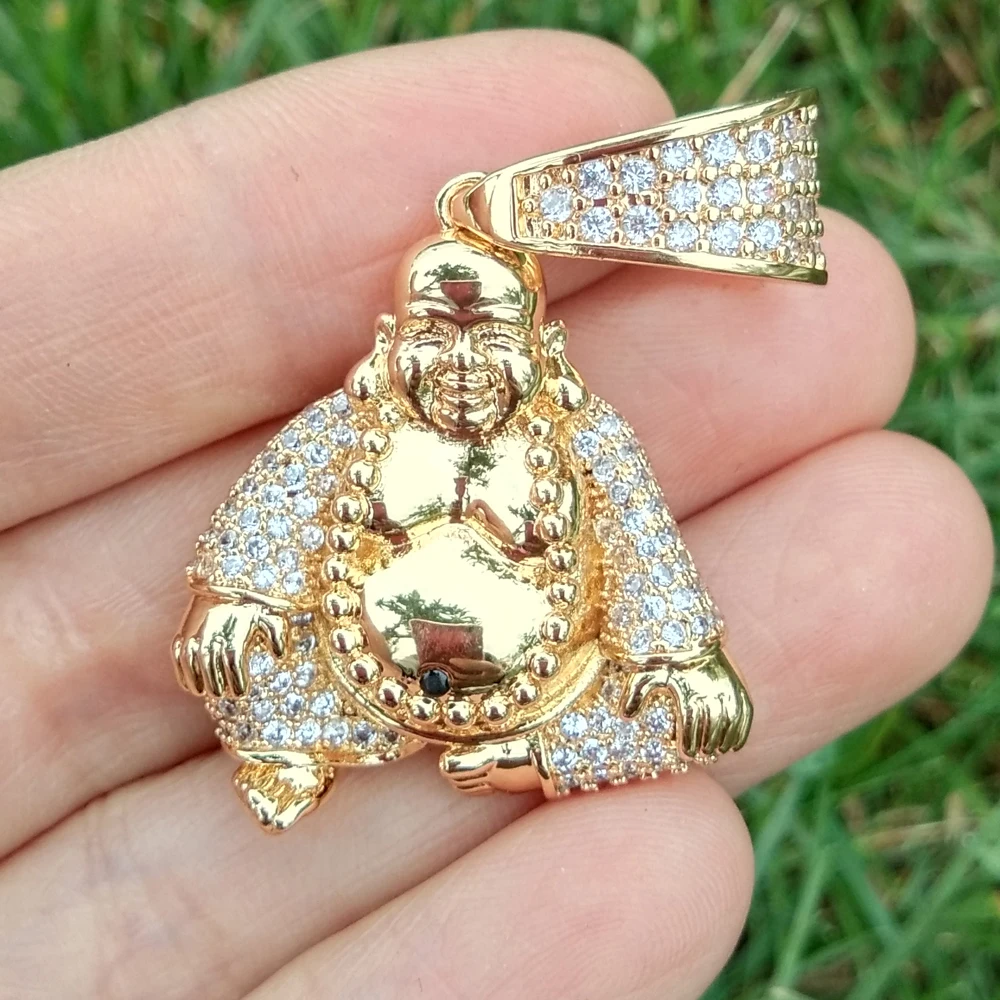 New Fashion Hip Hop Jewelry Charm Iced Out Bling  Brass Happy Buddha Micro Pave CZ Pendant Neclace with Gift for Man and Women