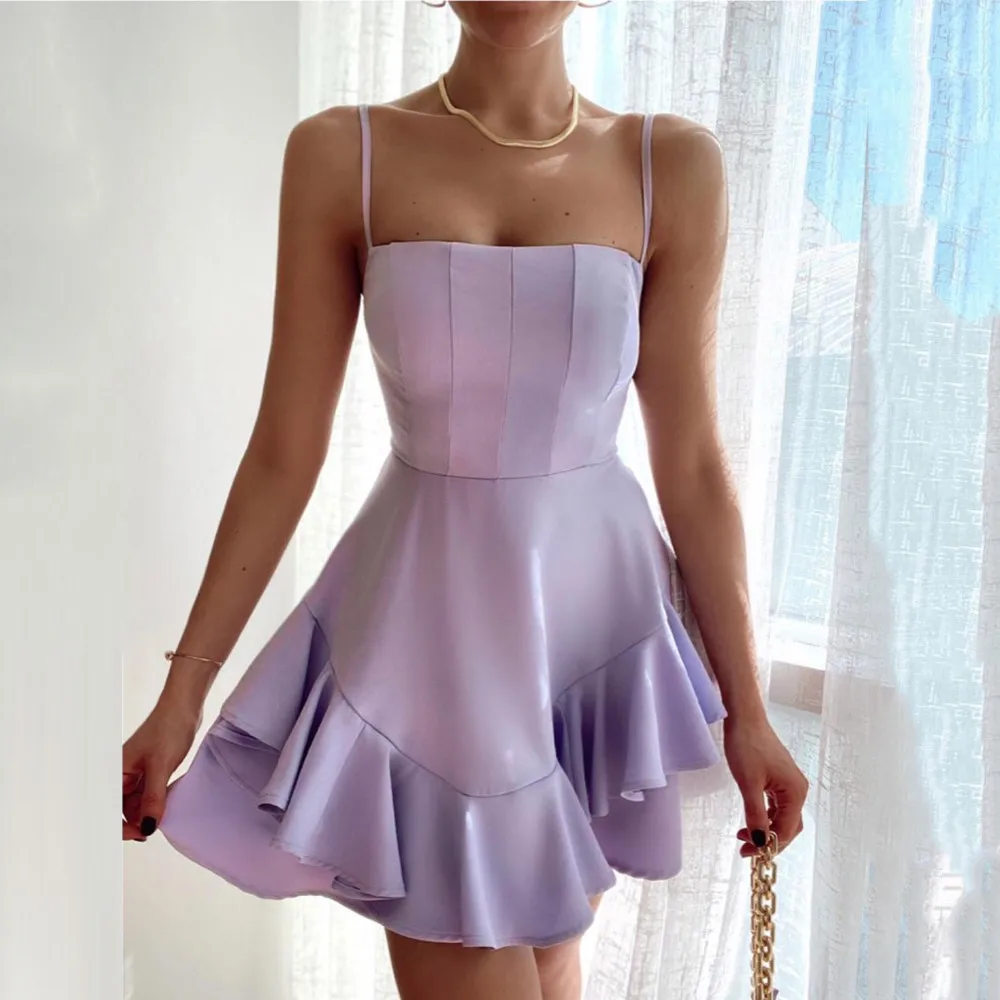 2021 Booma Lavender Prom Dress Spaghetti Straps Ruffles Above Knee Satin Homecoming Dresses A-Line Short Graduations Dresses 038