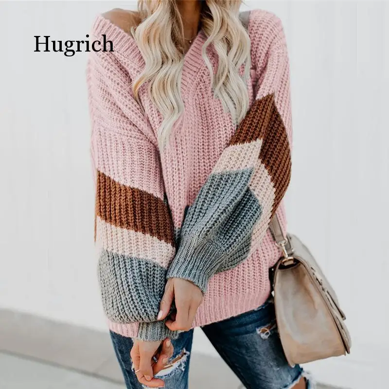 V Neck Striped Sleeve Knit Sweater Women Loose Pullover Fall Sweaters and Pullovers Female Fashion New