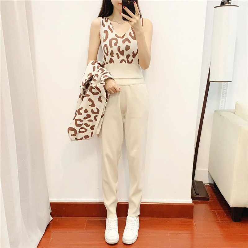 Women Knitted 3 Piece Sets Chic Leopard Print Hooded Cardigan+Crop Tops+ Knitted Harem Pants Outfits Korean Sweater Tracksuits