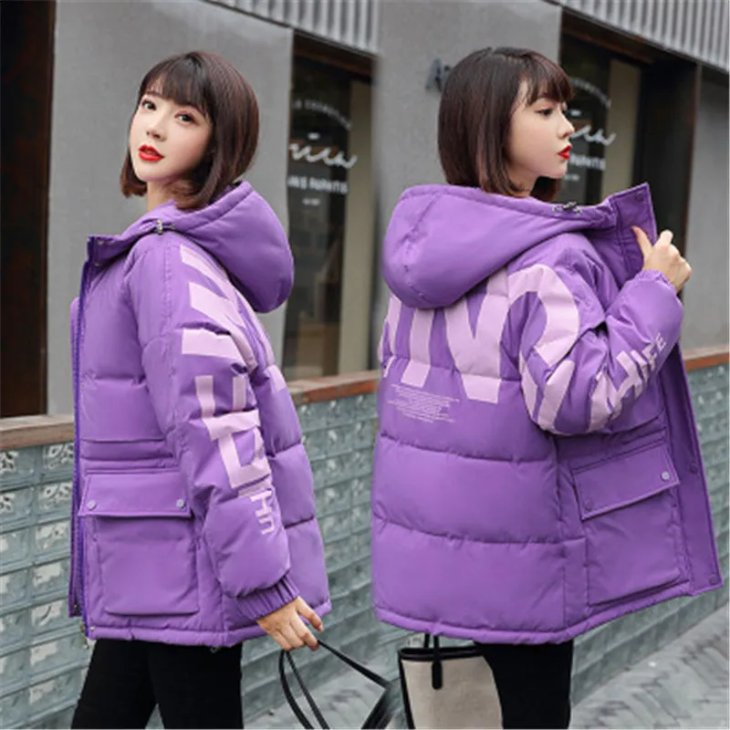 

Winter Jacket Coat Women New Fashion Print Hooded Short Down Cotton Jacket Loose Large Size Thick Cotton Padded Outerwear Female