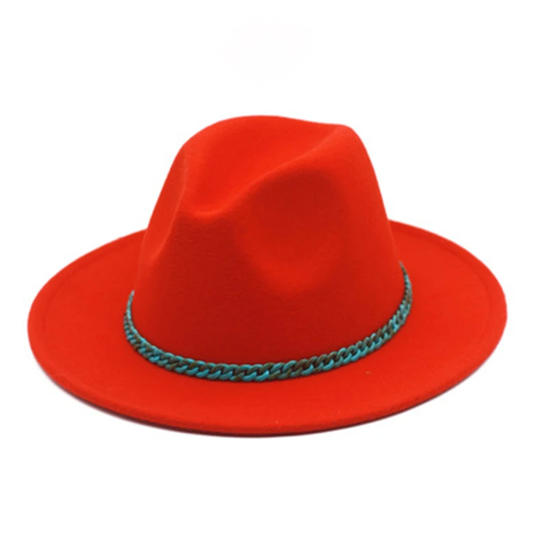 New turquoise chain woolen hat women's wide-brimmed fedora felt hat autumn and winter men's Panama jazz hat