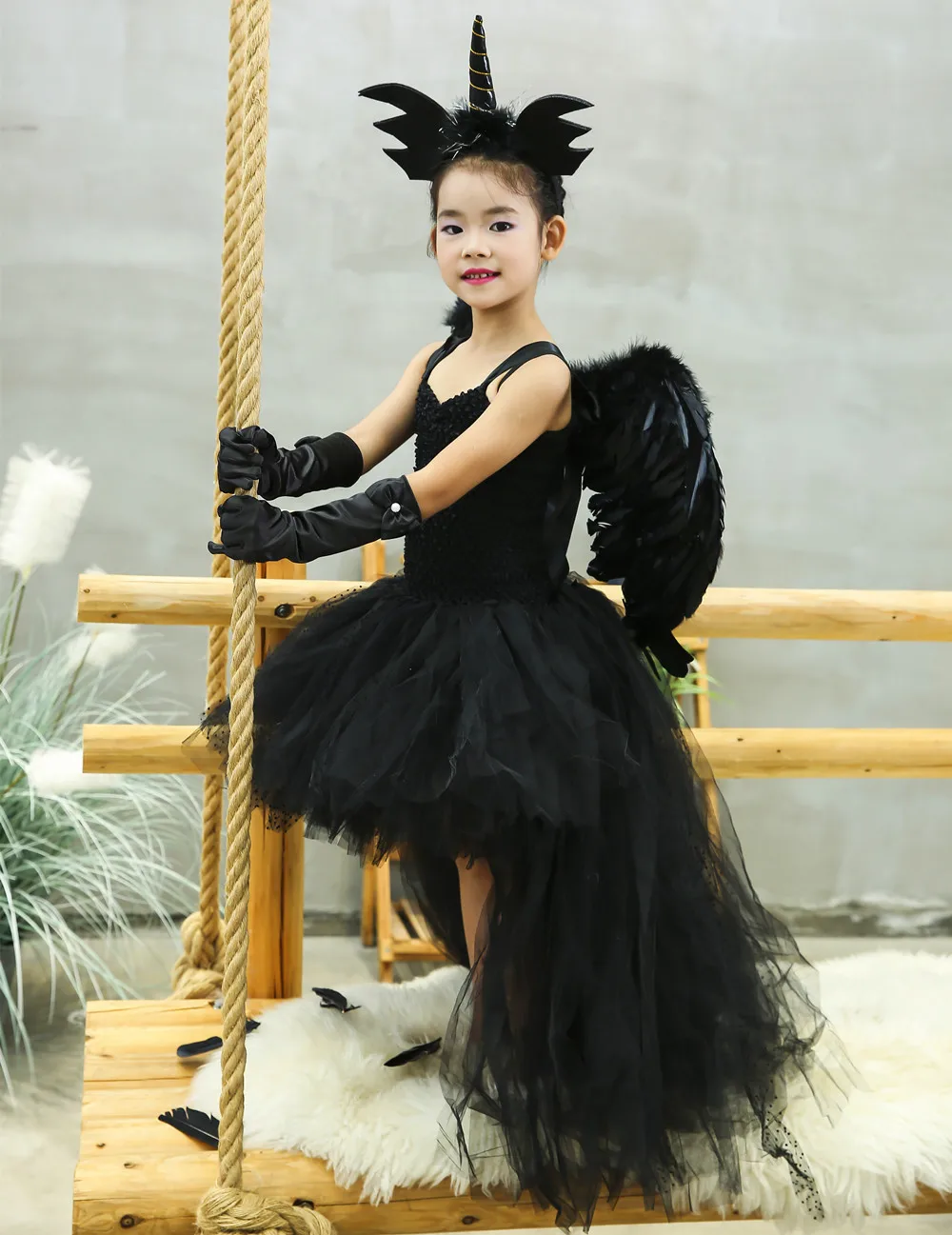 Black Angel Wings Tutu Dress for Girls Devil Halloween Costume for Kids Girl High Low Fancy Dresses Party Children Outfit V-neck