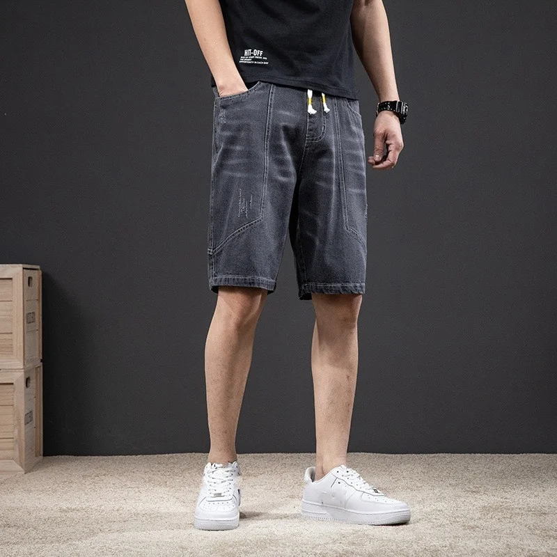 

Summer 2022 New Denim Shorts Mens Knee Length Straight Elastic Waist Loose Korean Style Male Fashion Casual Shorts Plus Size