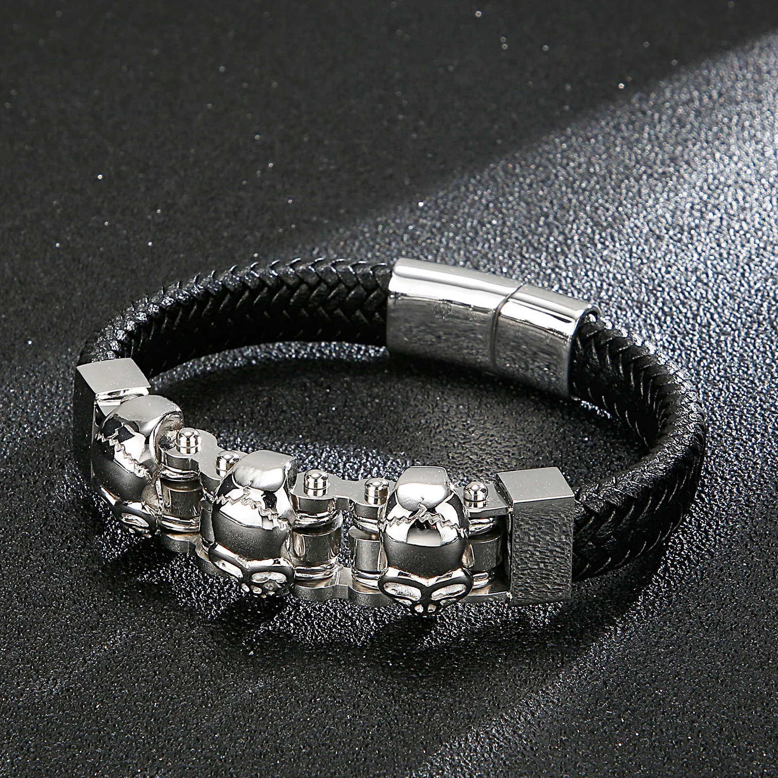 HaoYi Stainless Steel Skull Cowhide Bracelet For Men Fashion Punk Rock Leather Jewelry Accessories