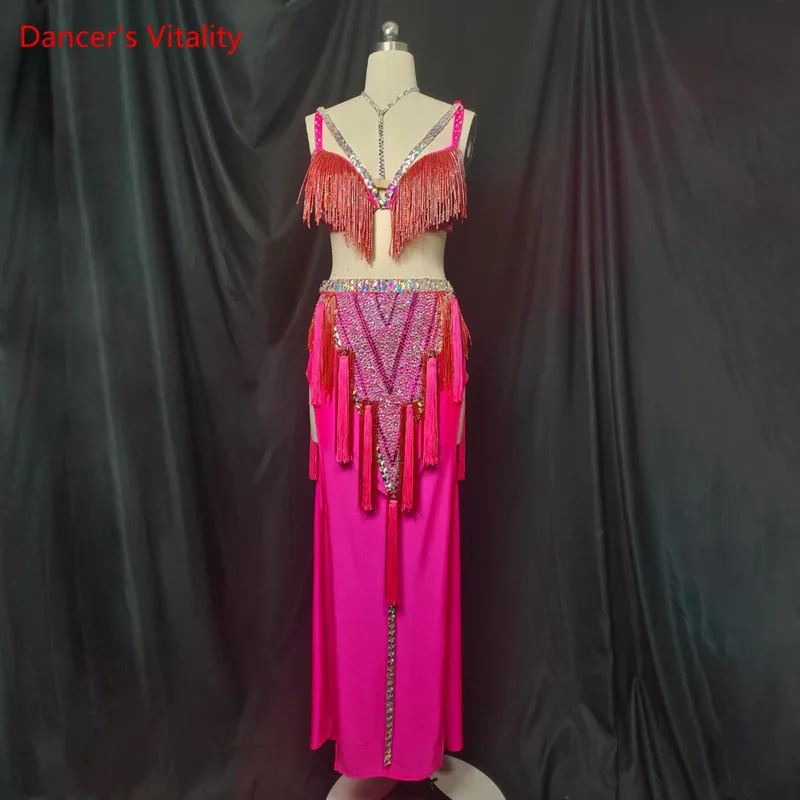 Belly Dance Suit Tassel Diamond-Studded Bra Split Skirt Performance Clothes Set High-End Custom Adult Child Competition Clothing