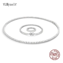 Solid 925 Sterling Silver Tennis Necklace(41-55CM, 16-22 Inch) Bracelet(15-21CM) Ring Set With Shiny 3mm Zircon Jewelry sets