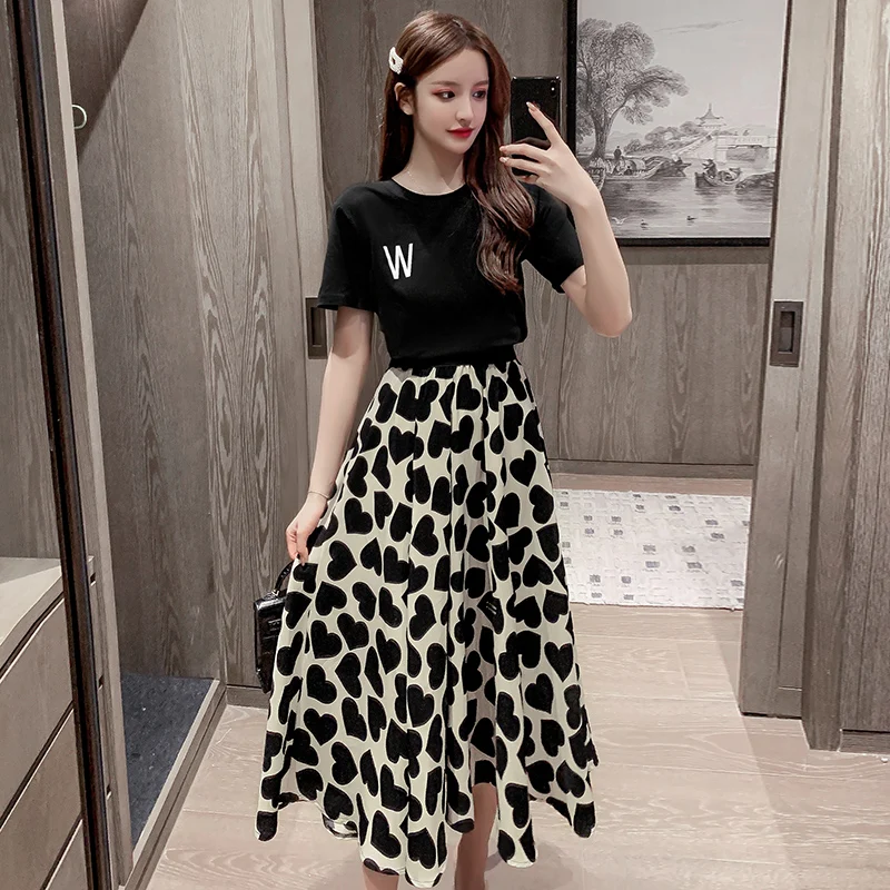 

Summer Women high waist peach heart print chiffon skirts Women casual long midi skirts Ladies fashion A-Line big swing skirt