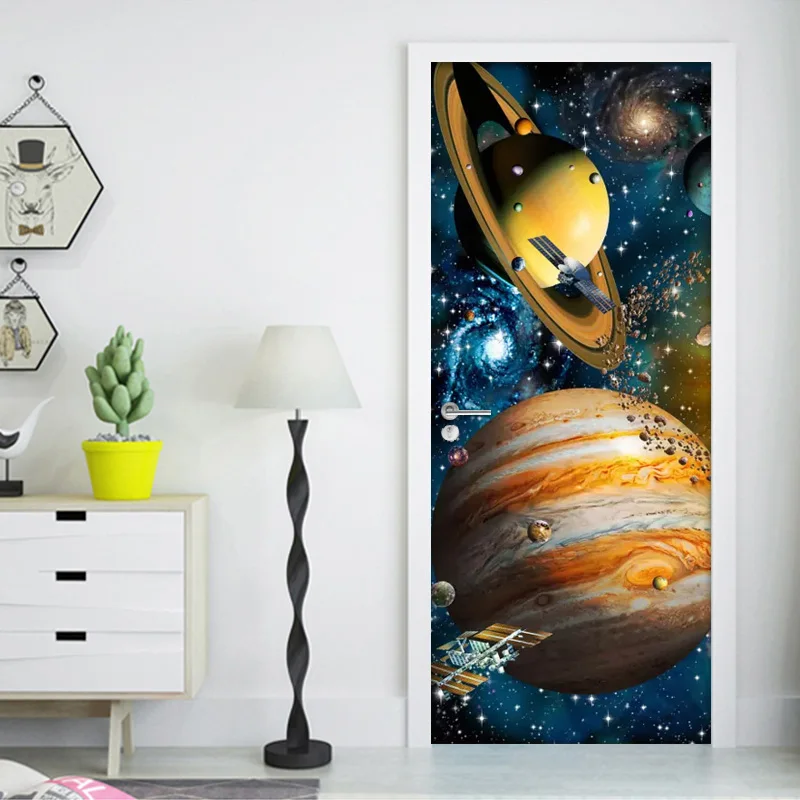 

Self-adhesive Door Sticker Universe Star Sky Planet 3D Poster Photo Wallpaper For Kids Room Bedroom Door Mural Stickers Wall PVC