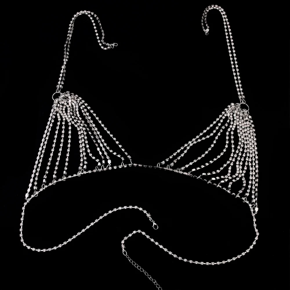 Rhinestone biustonosz z łańcuszkiem biżuteria plażowa Body błyszczący kryształowy biustonosz w klatce piersiowej Bralette uprząż Bikini łańcuszek