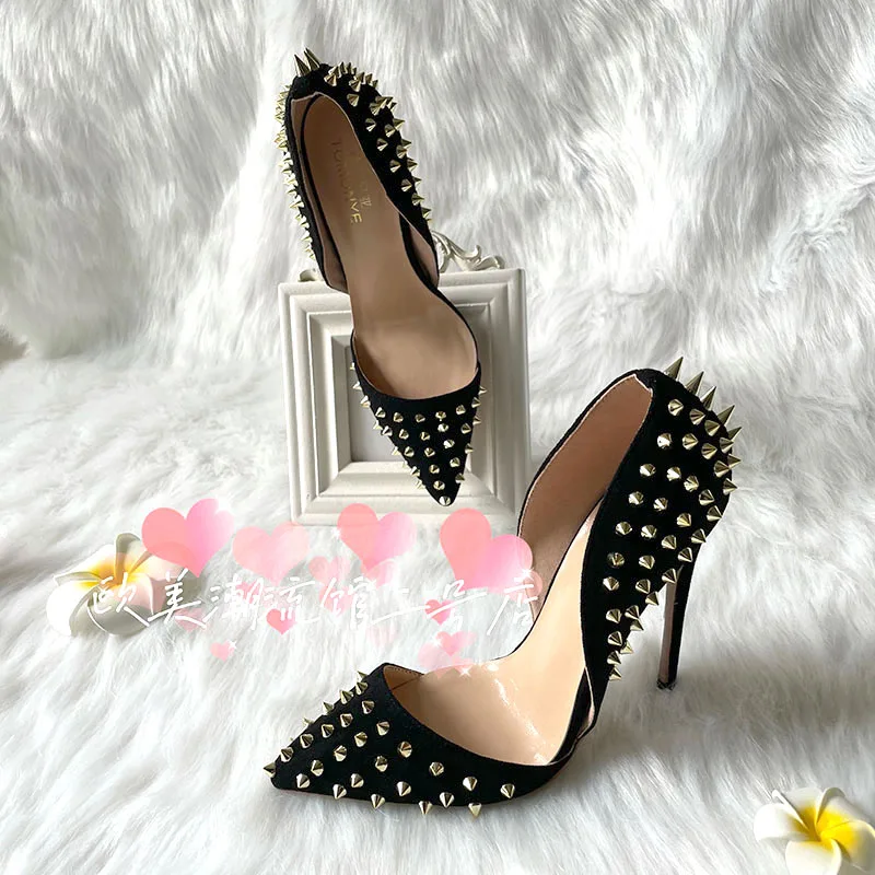 TOMONYE  black suede gold rivets stud open in the middle plus big size46  extra small size33 women lady 120mm high heel shoes