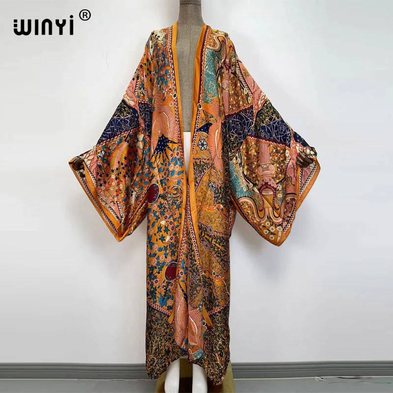 WINYI holiday Oversized Beach Kimono With Sashes Bohemian Vintage Slim Sexy Long Cardigan Women Sleeve sukienka Fringe Cover-Up