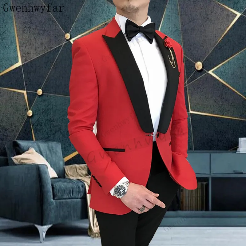 

Gwenhwyfar Elegant Men Chinese Red Suits Peaked Lapel Custom Made Wedding Tuxedos Slim Fit Male Suits (Jacket + Pants)