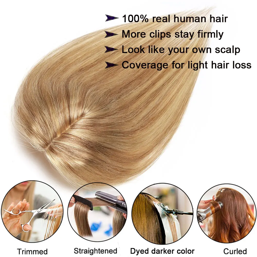 SEGO 6x9 Real Human Hair Toppers for Women Hair Loss Silk Base Clip in Topper 110% Density Top Hair Pieces Light Small Haipieces