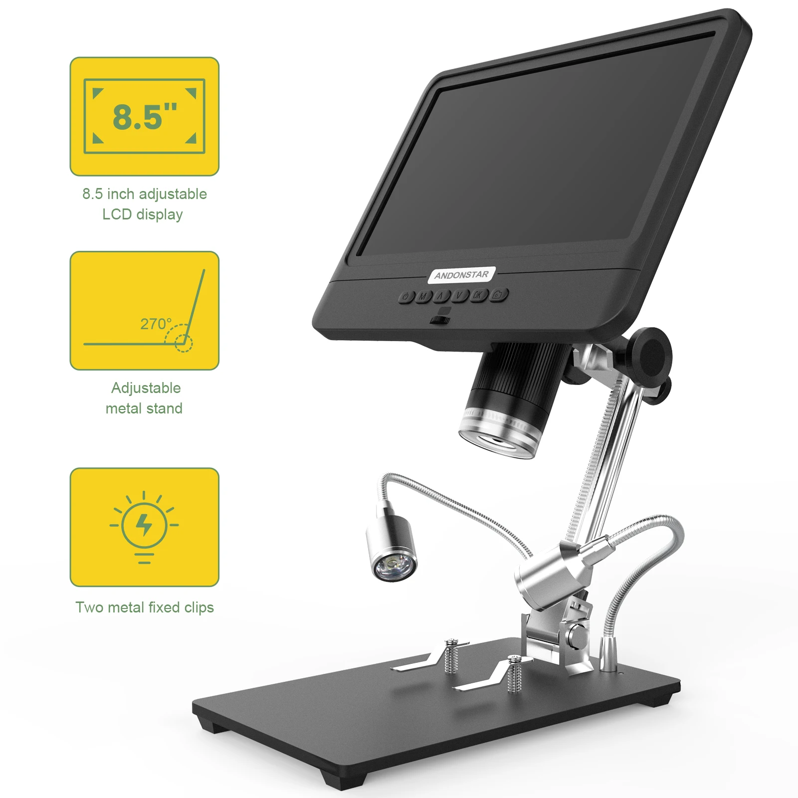 Andonstar AD208S 5X-1200X Digital Soldering Microscope 8.5 Inch LCD Display Screen 1280 * 800 Adjustable 1080P with Fill Lights