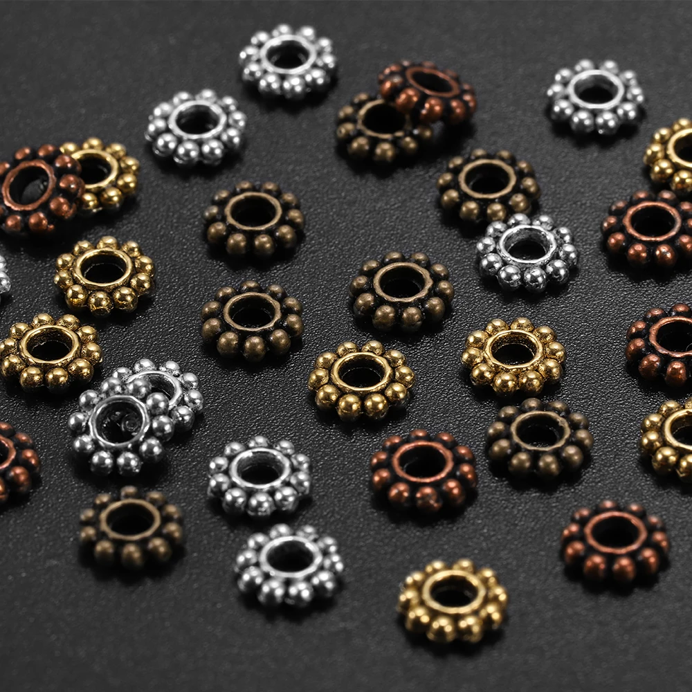 100pcs/lot Metal Tibetan Gold Color Tone Daisy Flower Spacer Beads Wheel  Loose Bead for Jewelry Making Needlework Accessories