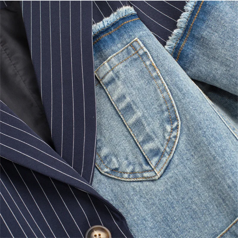 Streetwear Women Stripe Blazers Coat Denim Patchwork Single Breasted Suit Coat Lady Asymmetry Stylish Blazer Jacket High quality