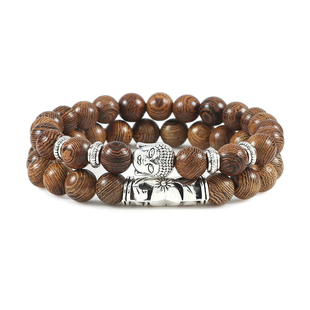 2Pcs/Set Wooden Beaded Buddha Bracelet Natural Stone Bracelets for Men Women Buddhist Meditation Rosary Jewelry Gift Pulseras