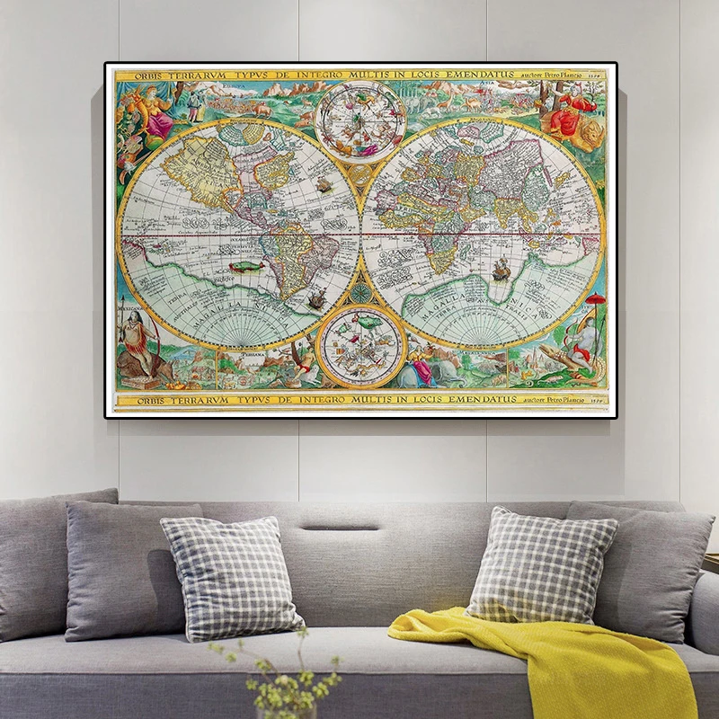 Pintura sobre lienzo no tejido con mapa del mundo Vintage, póster artístico de pared clásico, tarjeta decorativa para decoración del hogar y la Oficina, 225x150 cm, 1594