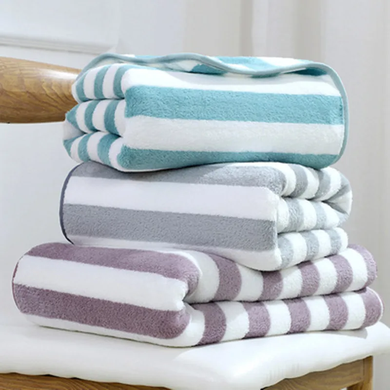 Flannel bath towel for Swimming pool bathroom soft absorbent Quick-Dry stripes fleece towel simple Microfiber Fabric