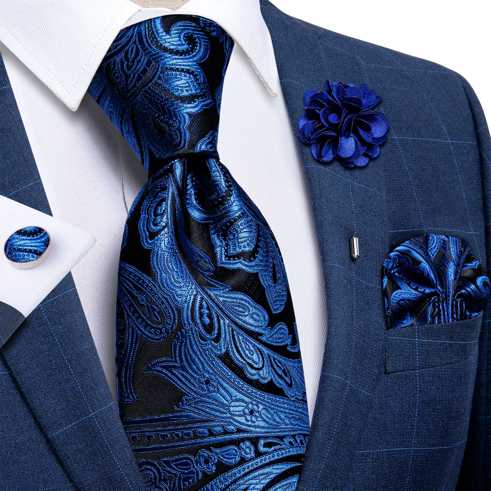Blaue silberne Paisley-Krawatten für Herren, luxuriöses 8 cm breites Set mit Krawatte, Einstecktuch, Manschettenknöpfen, Brosche, Weihnachtsgeschenke für Männer – Detail 4