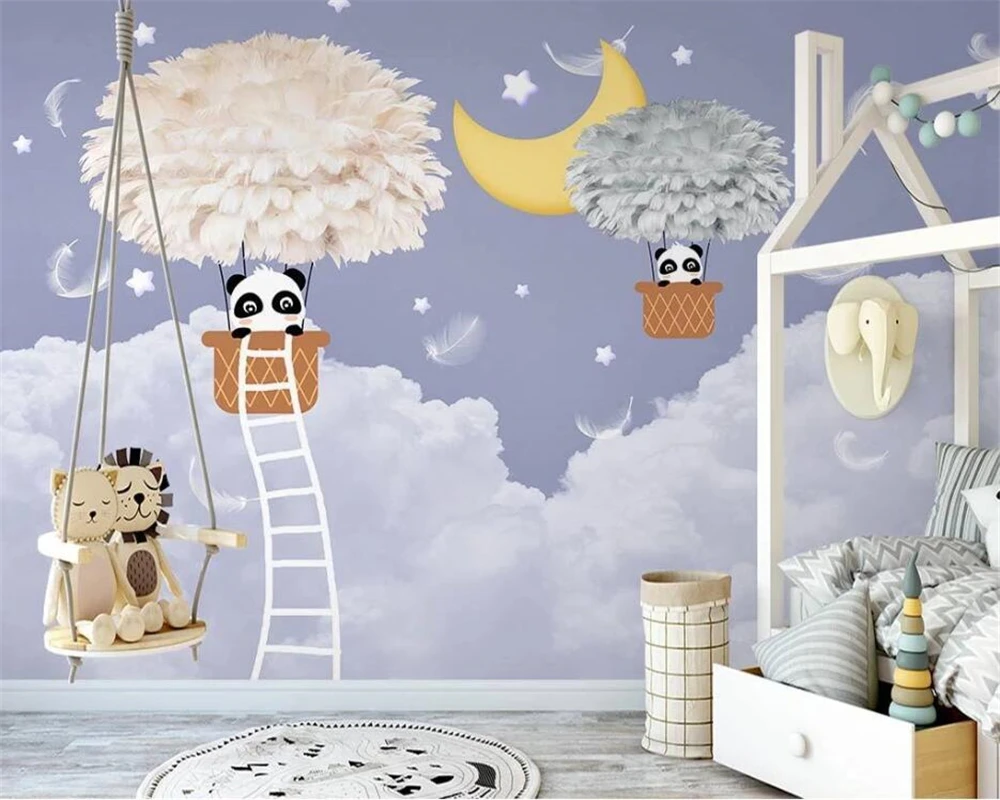 

beibehang Customize papier peint Nordic hand-painted feather hot air balloon clouds starry sky children background wallpaper