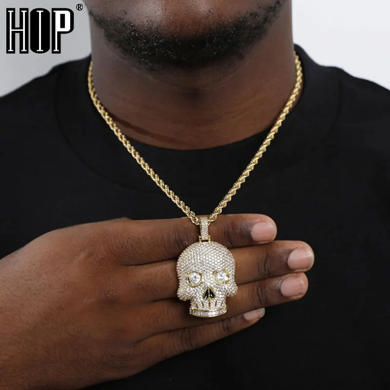 Hip Hop Skull Head Shape Charm Bling Cubic Zirconia Stones Necklaces & Pendants For Men Rapper Jewelry With Solid Back