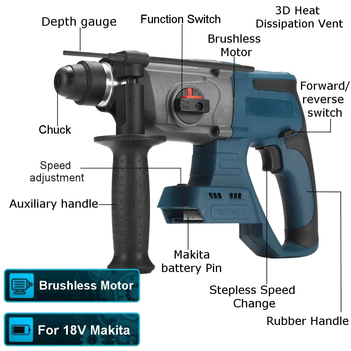 6200RPM Electric Hammer For 18V Makita Battery 3 Speeds Adjustable Hammer Impact Drill High Power Tools with Box