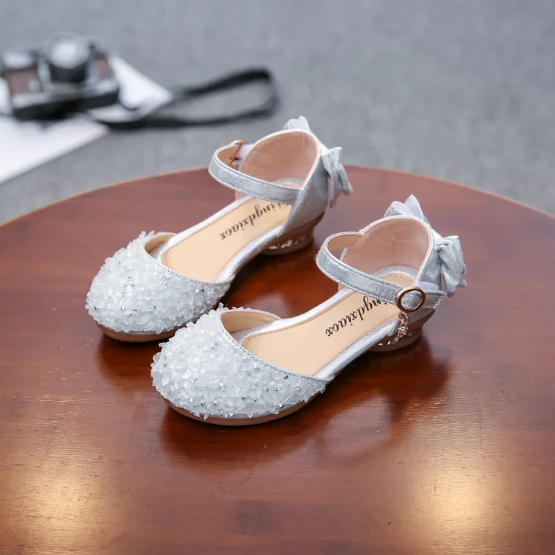 Girl Summer fashion rhinestones Leather Sandals Princess High Heels shoes 2022 New Children'S Sandals Kids Bow Shoes 3-12 Year