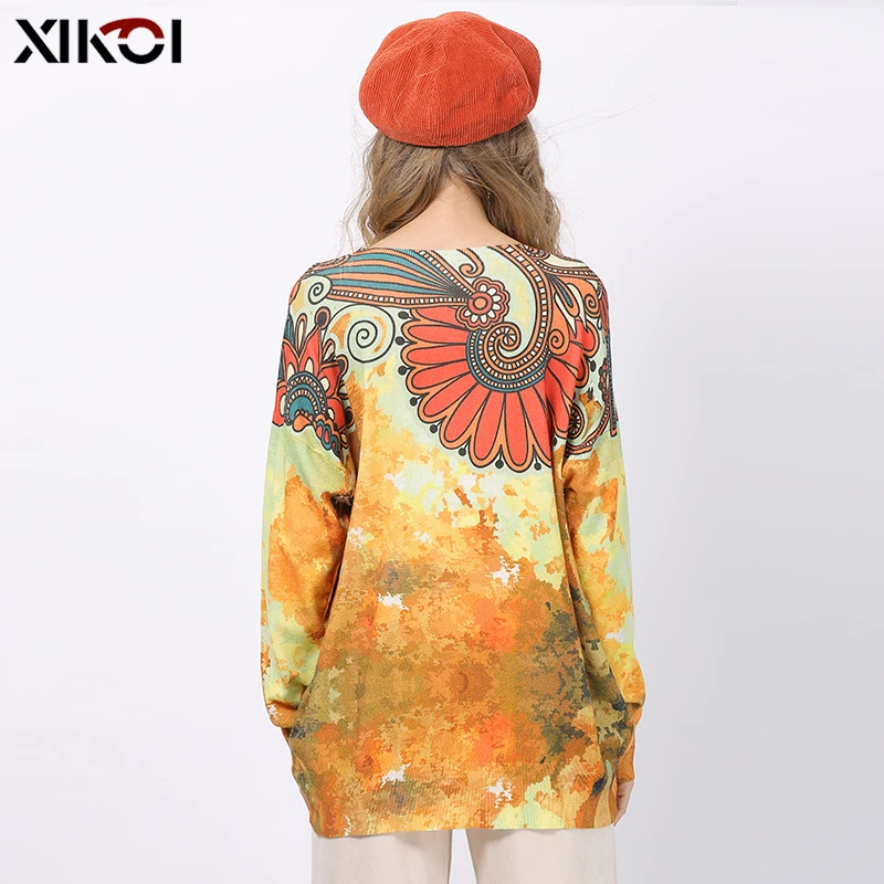 New XIKOI Winter Retro Print Sweater Women Pullovers Knitted O-Neck Jumper Women Oversized Warm Sweaters High Elastic Pull Femme