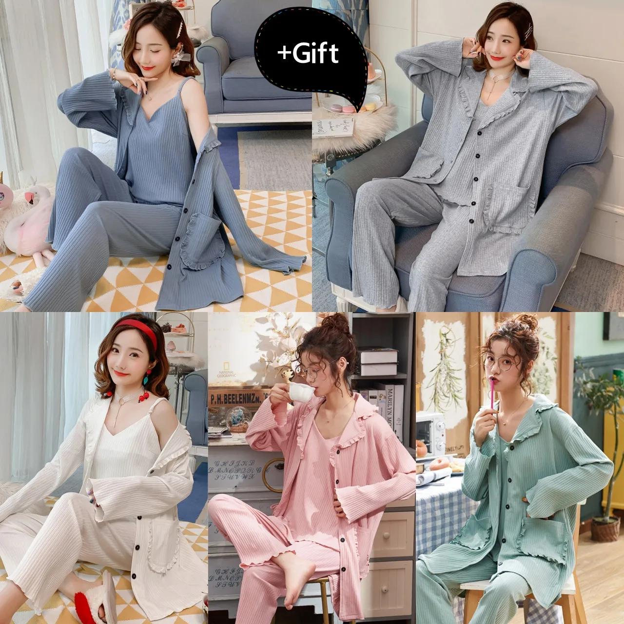 

3 Sets lace Bath Robe Sleepwear Sexy nightwear Pajamas Kimono Robe Bathrobe Autumn Female Robe Dressing Gowns Nightgown Pajamas