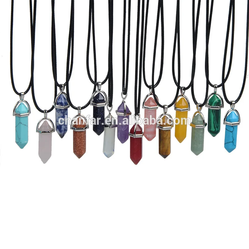 Hexagonal Column Crystal Pendant Natural Stone Necklaces Gold Color Leather Chain Necklace For Women Men Fashion Jewelry